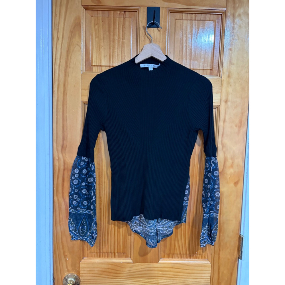 Veronica Beard Ribbed Knit Silk Paisley Sleeve Blazer Layering Top Black Small